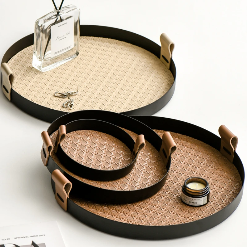 Checkered leather iron tray jewelry necklace Cosmetic storage tray Living room candy Dim sum dish home decor Kitchen utensils