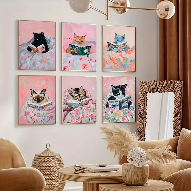 6pcs Cat Reading Books, Canvas Print Art, Modern Animal Living Room, Dining Room, Children's Room, Interior Home Decoration