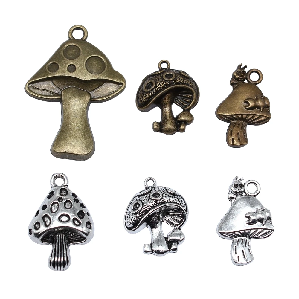 10 Uds. De dijes de setas, colgantes de Color bronce antiguo y plata, accesorios para hacer bricolaje, joyería tibetana hecha a mano