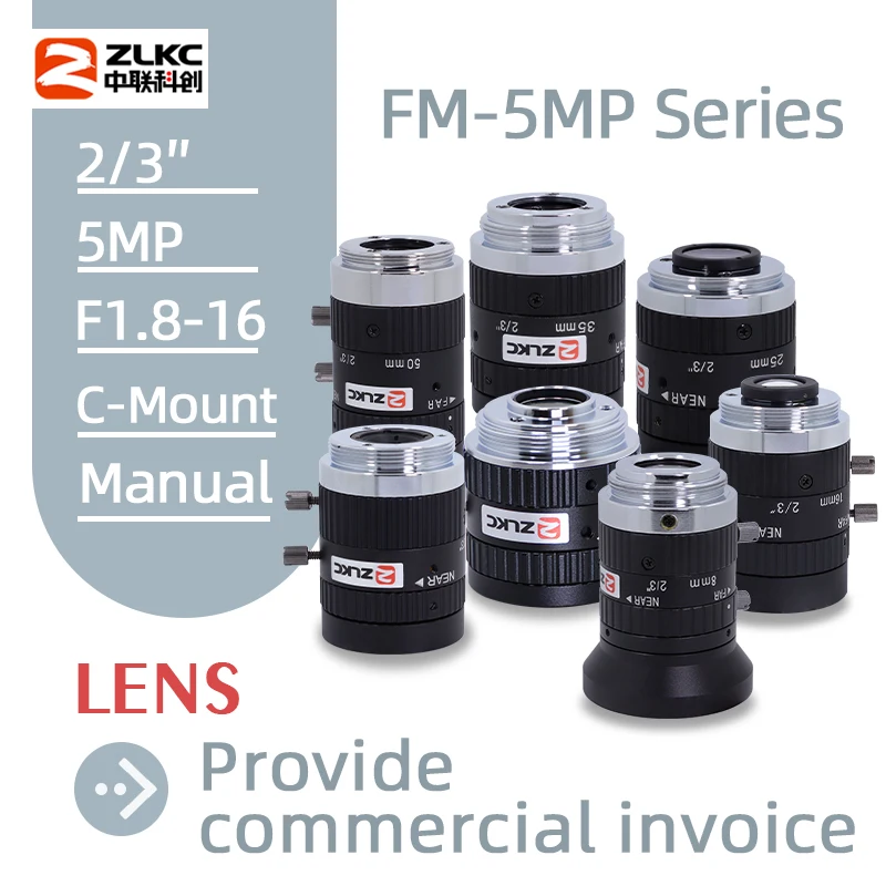 ZLKC 5MP C Mount 8mm 12mm 16mm 25mm 35mm 50mm Lens 2/3 Inch FA Machine Vision Industrial Camera Manual Iris Low Distortion F1.8