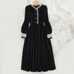 2023 Autumn/winter Dress Corduroy Mid Length Black Vintage Temperament Small Man Waist Fit Long Dress