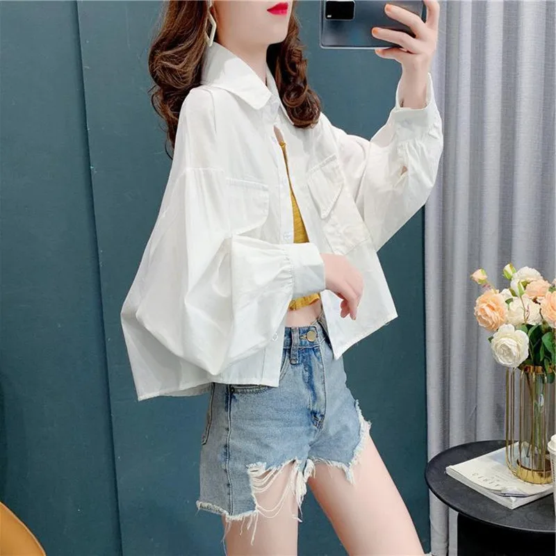 2022 New Women Spring Autumn Long Sleeve Shirt Coat Female Korean Style High Waisted Short Top Girls Puff Sleeve Casual Shirt