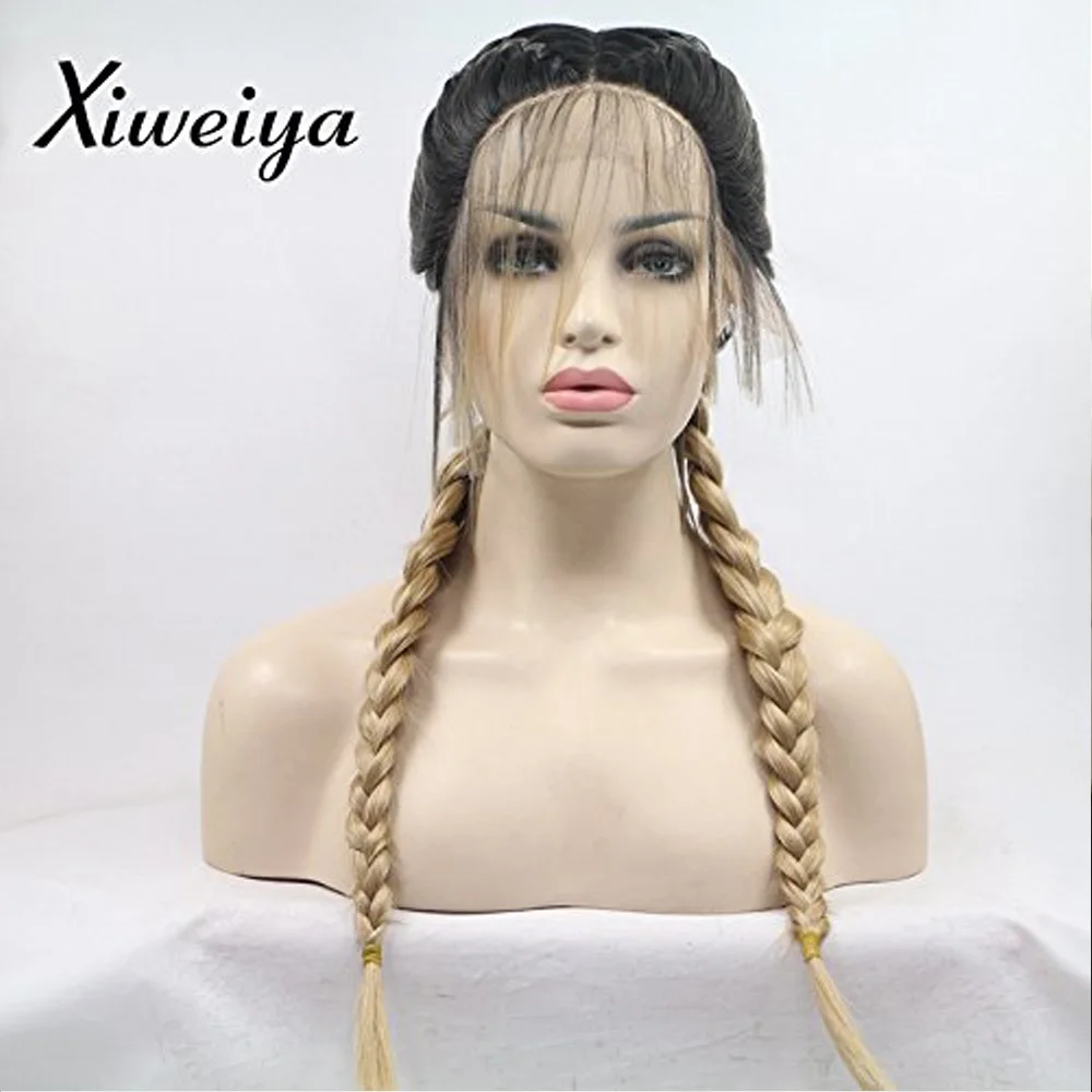 

Sylvia Twist Braided Wig Ombre Blond Brown Hair Synthetic Wig With Baby Hair Double Braids Wig Heat Resistant