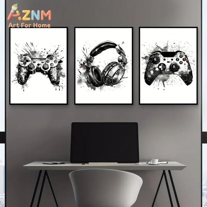 AZNM Frameless 2D Flat Splash‑style Game Controller Headset Canvas Print, Reusable Modern European Game Room Wall Art Poster
