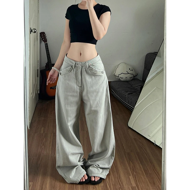 Retro American Design Washed Wide Leg Jeans Women's Autumn Long Trousers Paris Adjustment Buckle Distressed Denim Pants