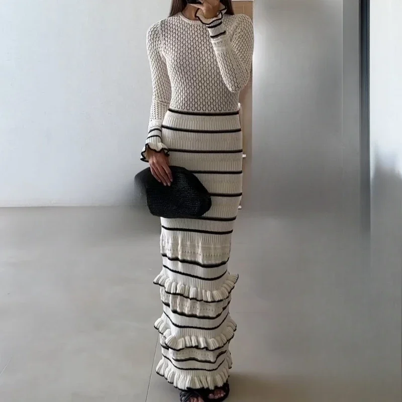 Ruffled Striped Knit Maxi Dress Female Elegant See-Through Patchwork Fashion Luxury Party Dress Knitwear Women Long Dress