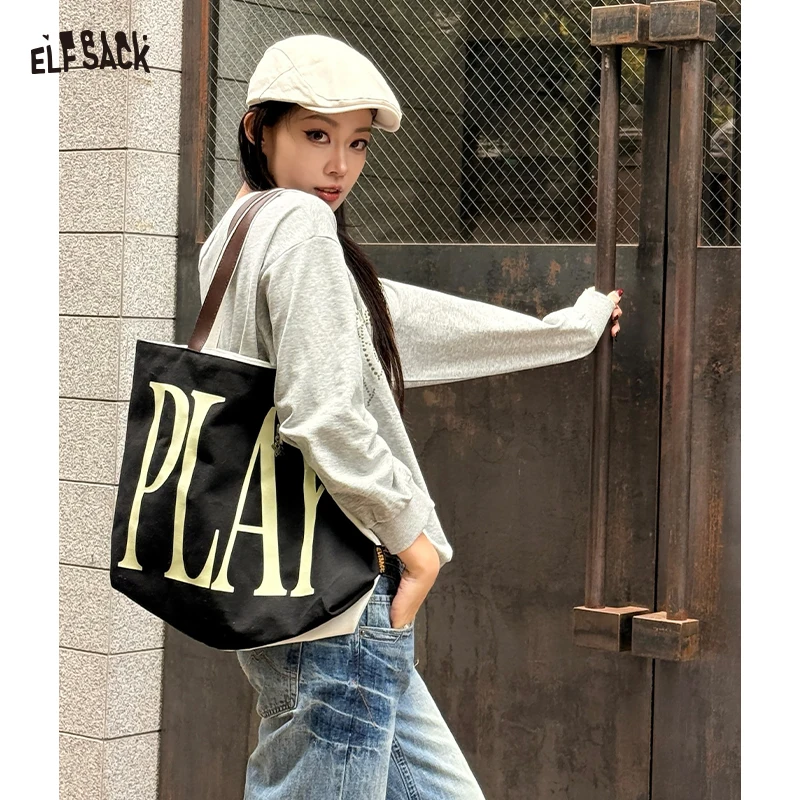 

ELFSACK Off White Large Canvas Tote Bag with Bold Maroon "PLAY" Print for Women