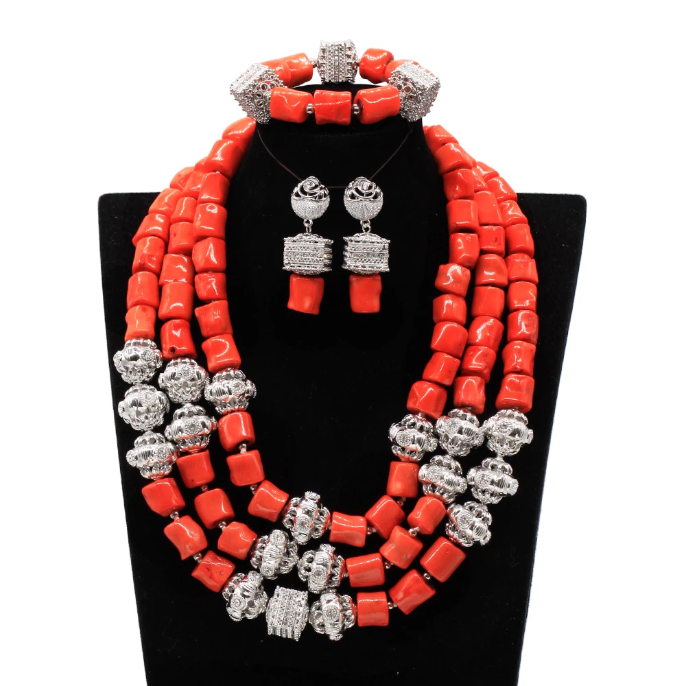 Nigerian Wedding Jewelry Set Luxury 3 Layers Real African Coral Beads Jewelry Set for Brides Women Party Jewelry ABG068