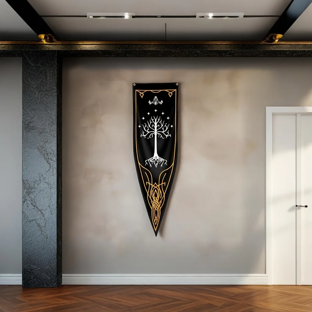 VIKAMA Elfenring-Flagge von Gondor, schwarze und goldene Mauern im mittelalterlichen Stil mit an den Wänden hängenden Flaggen, Heimtextilien – Detail 3