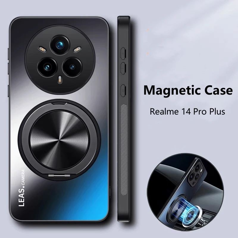 Realme 14 Pro Plus 케이스 용 마그네틱 케이스 링 스탠드가있는 하드 매트 Oppo Realme 14 Pro + 5G 범퍼 용 보호용 전화 커버
