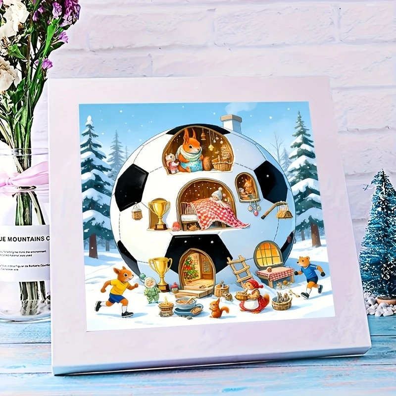 Diamond painting set, football house and small animal pattern, round diamond full diamond art, multiple sizes to choose from