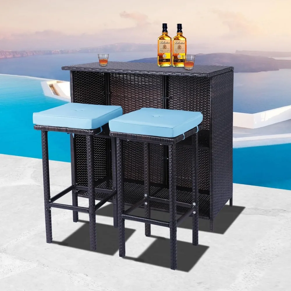 3PCS Patio Bar Set Outdoor Furniture Set Wicker Bistro Set with Two Stools for Patio Backyard Balcony