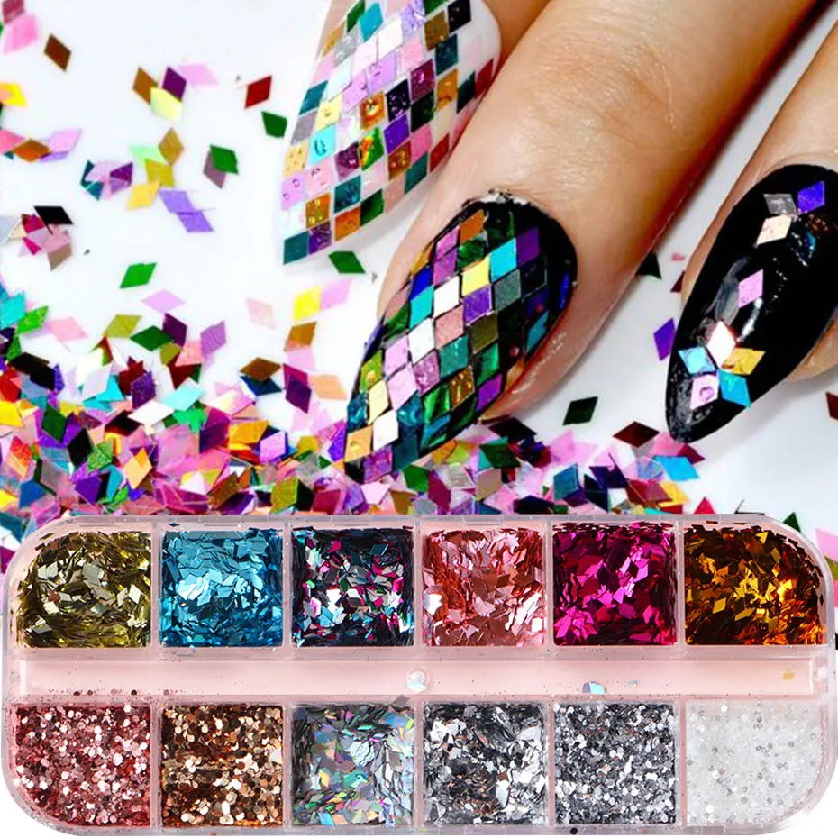 12 Grids Laser Glitter Rhombus Flakes 3D Shinny Holographic Nail Paillette Sequins Decor Sparkly Charm DIY Nail Art Accessories