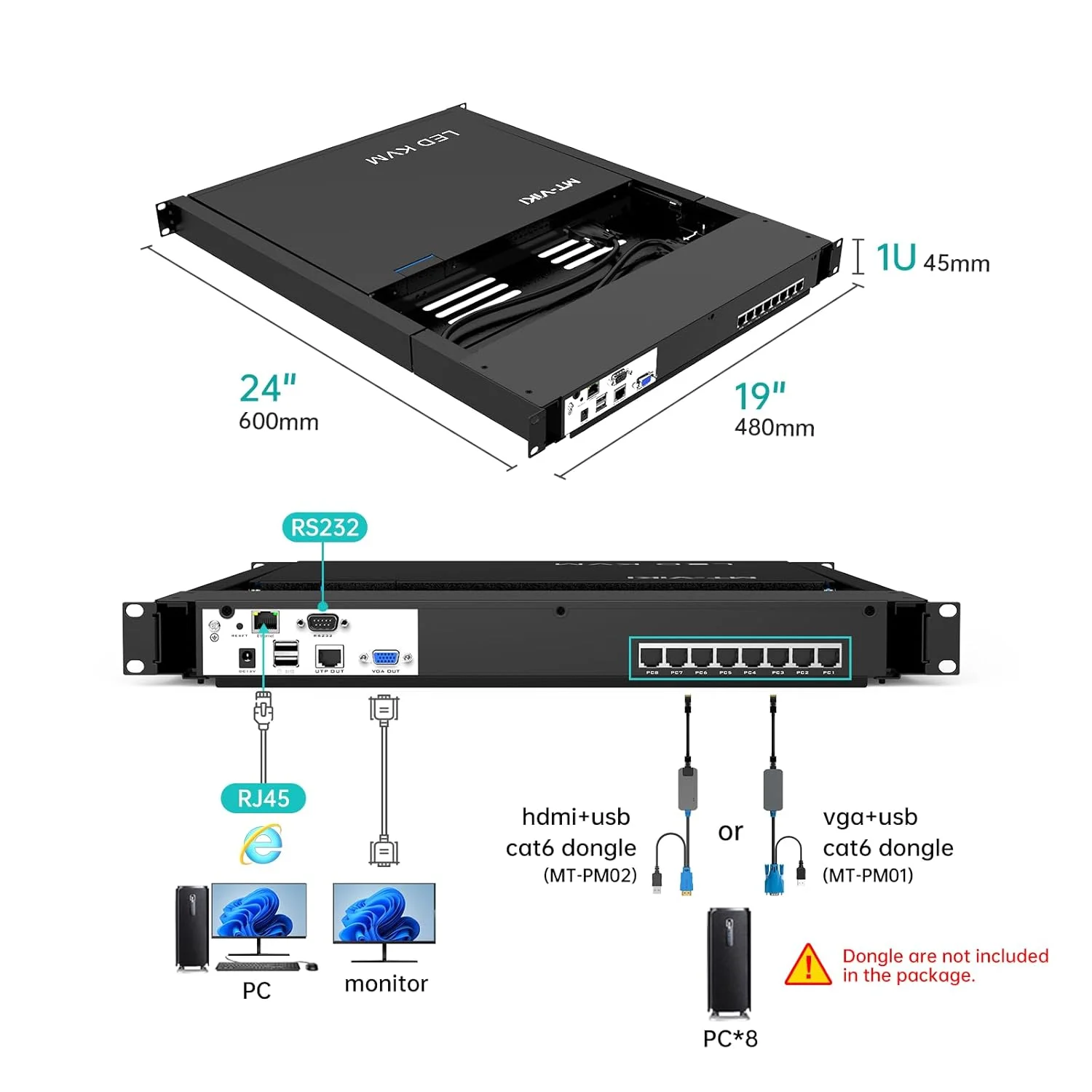 MT-VIKI 8 Port CAT6 Extension KVM Over IP, 1U Rack Mount KVM W/17'' LCD Monitor, (VGA/HDMI Dongle NOT Included)