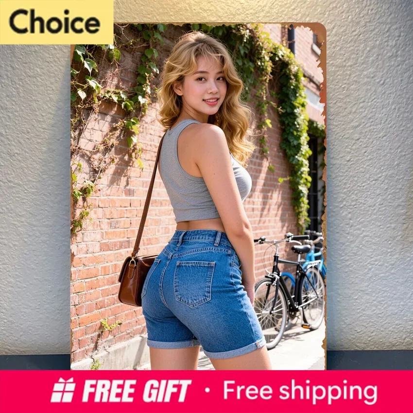 1pc Sign Fashion Street Style: Denim Shorts and Vintage Handbag Combo. Suitable for Room Decor, Home, Garage, Bar, Garden Bar
