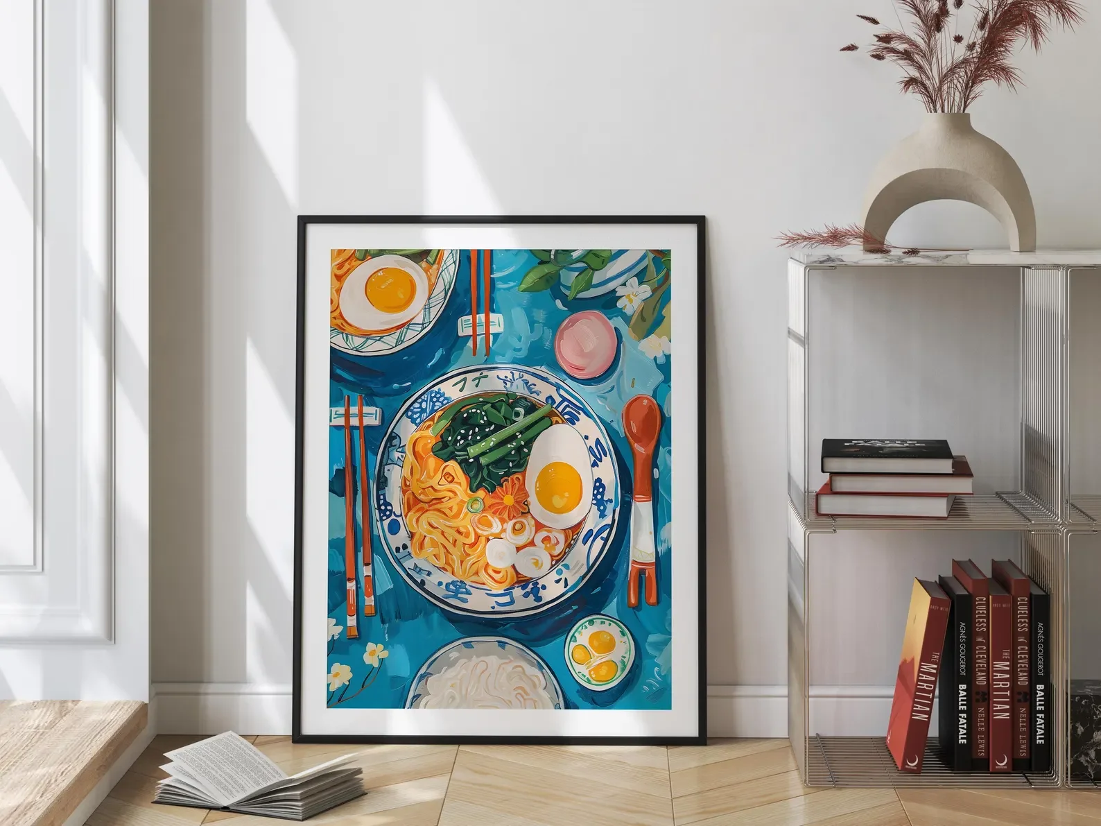 تنزيل طباعة رامين لذيذ، ملصق فني مطبخ ياباني قابل للطباعة، طعام مسطح في الطاولة، ديكور مطبوع أزرق لطيف، وا آسيوية #2