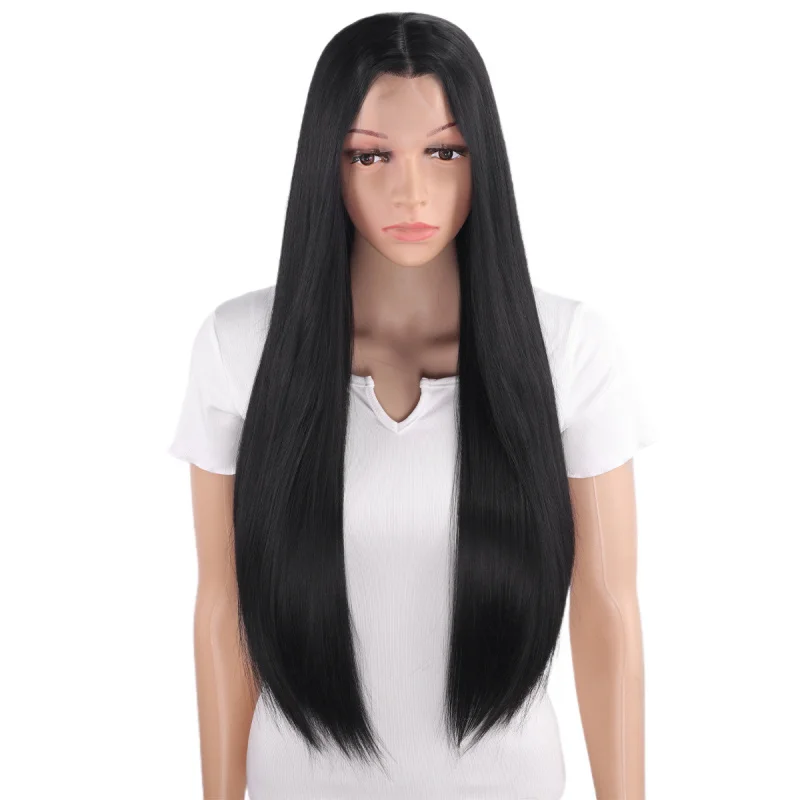 

Ancient-style black 80CM wig with hand-crocheted lace, anime middle-parted long straight hair