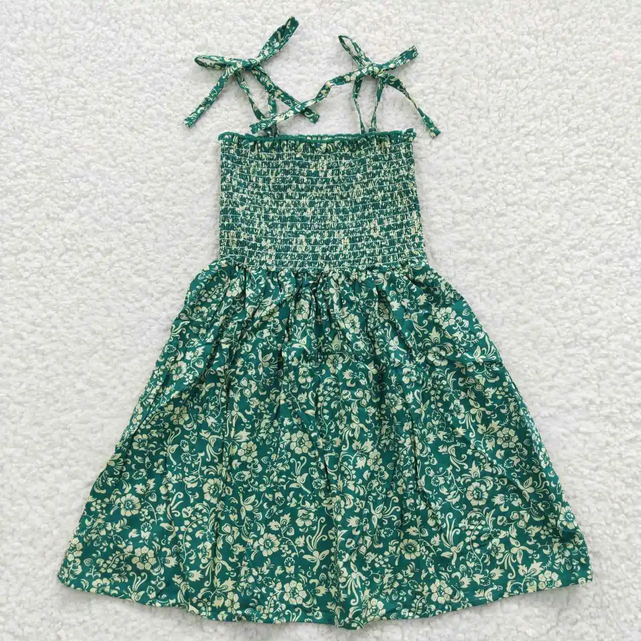 GSD0369 Baby Girls Clothes White Flower Green Elastic Suspender Dress Print Popular Summer Boutique