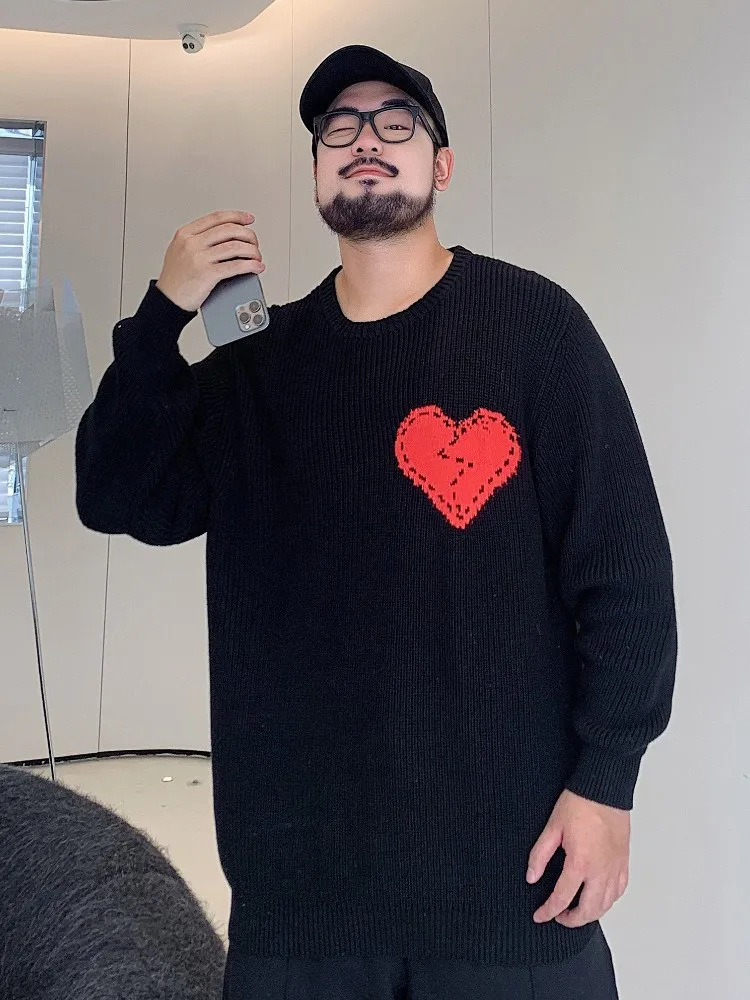 

Men Plus Size Oversized Heart Pattern Knit Sweater Autumn Winter Loose Round Neck Pullover Jumper Warm Valentine's Day Outerwear