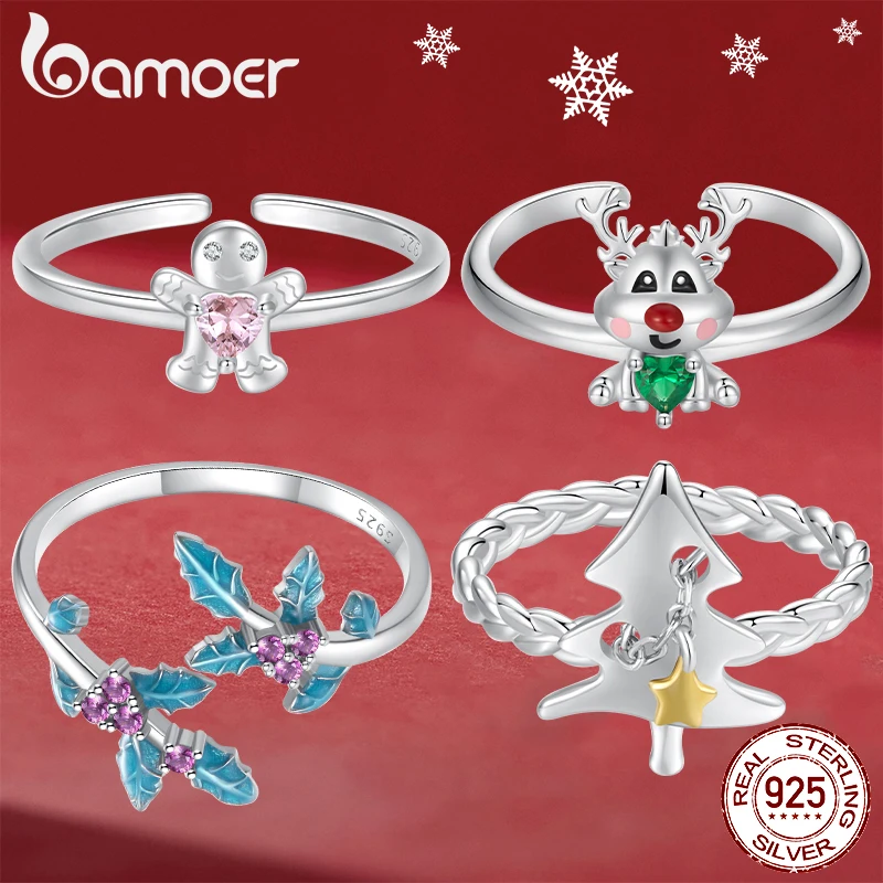 Bamoer Original 925 Sterling Silver Christmas Tree Ring Holly Open Rings Exquisite White Gold For Women Party Gift Fine Jewelry