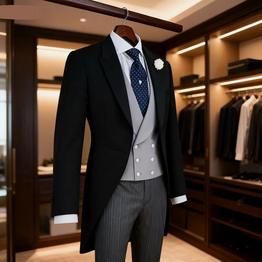 

Men's 3-Piece Long-Tail Blazer Tuxedo Smoking Suit For Wedding Party Fashionable Male Jacket Coat Casual Formal Wear