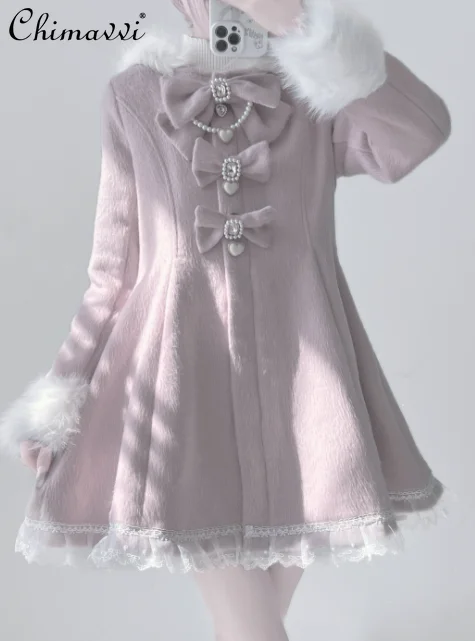 Japanese Mine Series Mass-produced Plush Ear Rabbit Bow Lace Wool-blend Coat Winter New Lolita Slim-fit Temperament Girls Coat