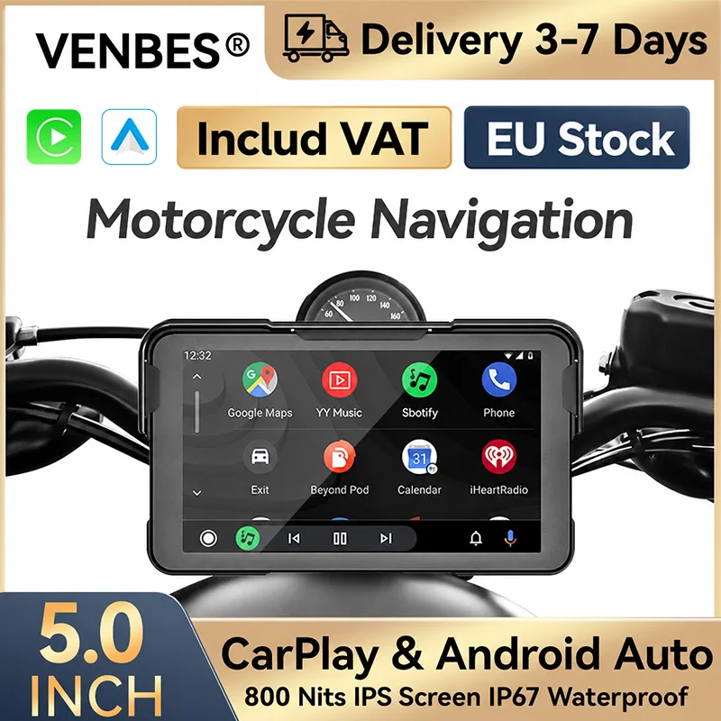VENBES 5 pouces moto Carplay Carplay et Android Auto IP67 étanche GPS Navigation avec Bluetooth 5G WIFI