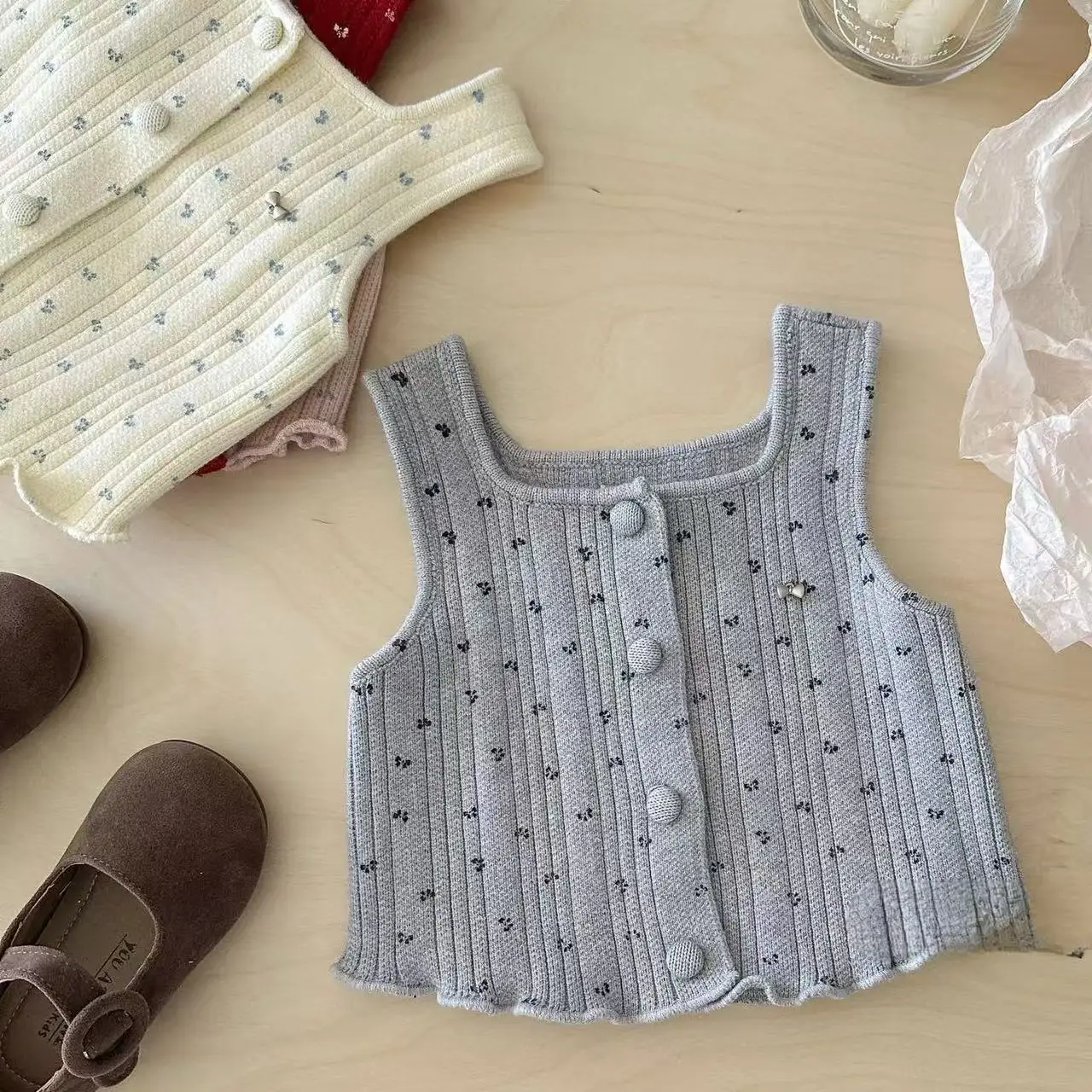 الخريف طفل الفتيات محبوك سترة الرضع الأزهار طباعة واحدة الصدر أكمام البلوزات طفل صدرية 0-3 سنة #4