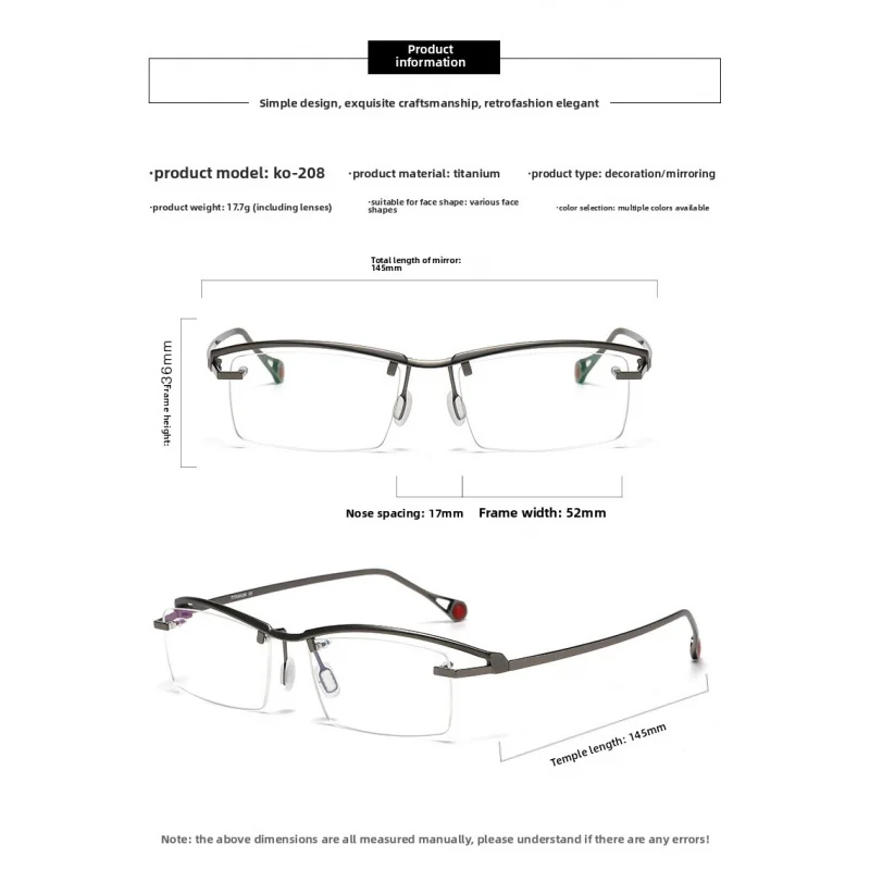 VAMAX Pure Titanium Eyeglasses Frame Business Browline Half Rimless Unisex Prescription Blue Light Block