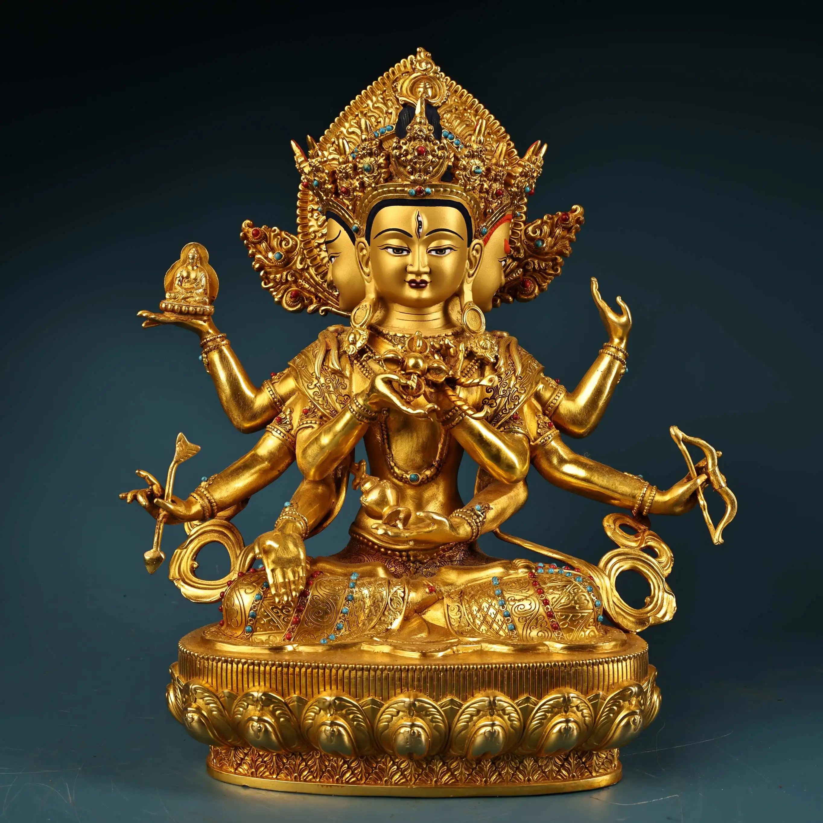 

15"Tibetan Temple Collection Old Bronze Gilded Painted Face Mosaic Gem Namgyalma Sitting Buddha Lotus Terrace Worship Hall