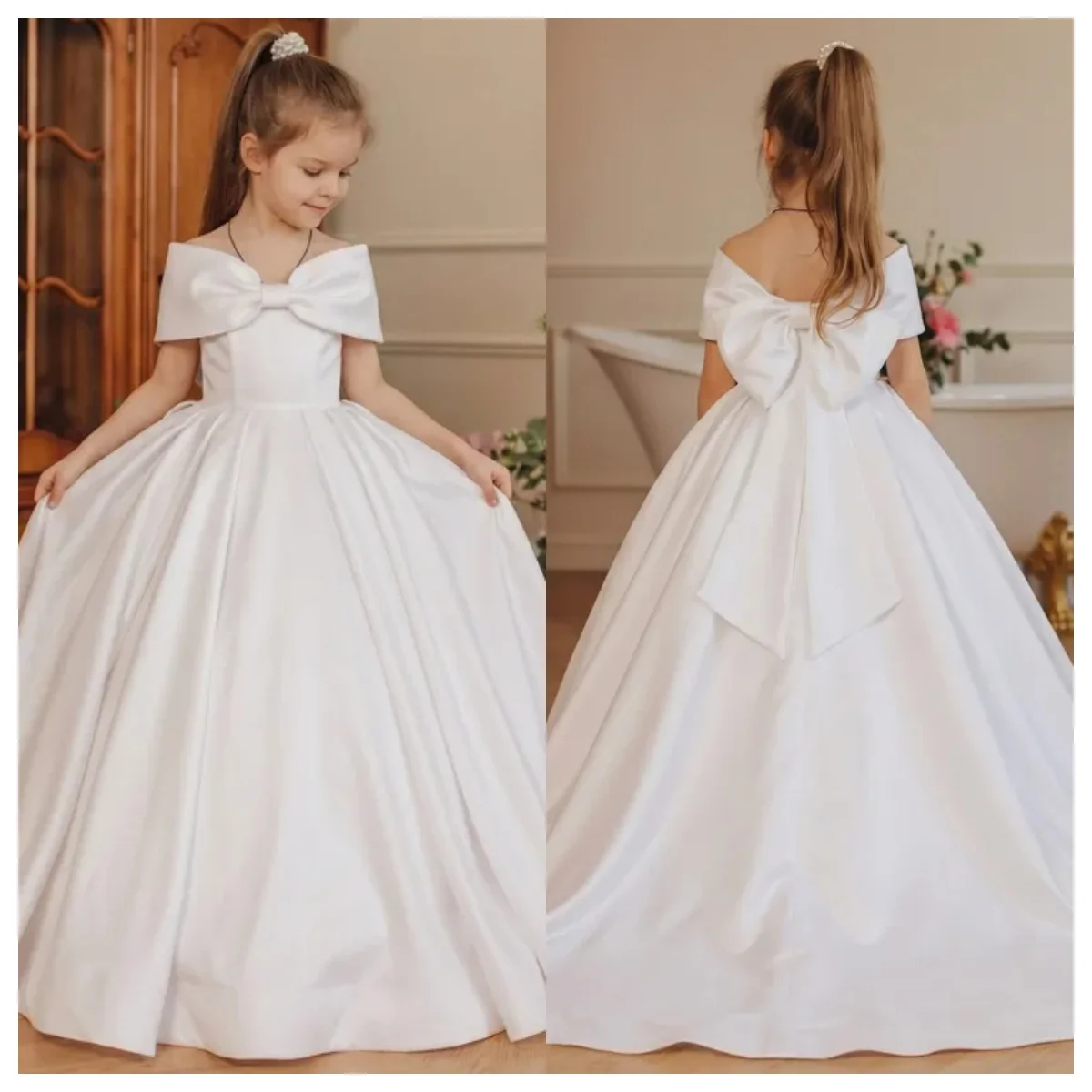 Großhandel Ersttaufkleid 2025 Weißes Satin Off-Shoulder Blumenmädchenkleid mit Schleife Flauschiges A-Linien Bodenlanges Hochzeitskleid – Detail 2