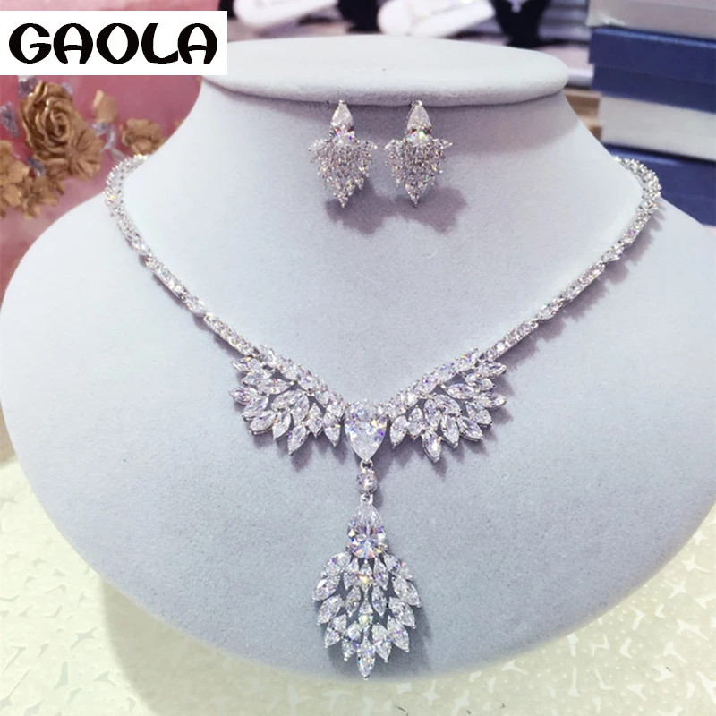 GAOLA 2016 Best Gift  Wholesale Fashion Jewelry Silver Color Crystal Zircon Jewelry Sets Necklaces Earring GLN0182/GLE5056