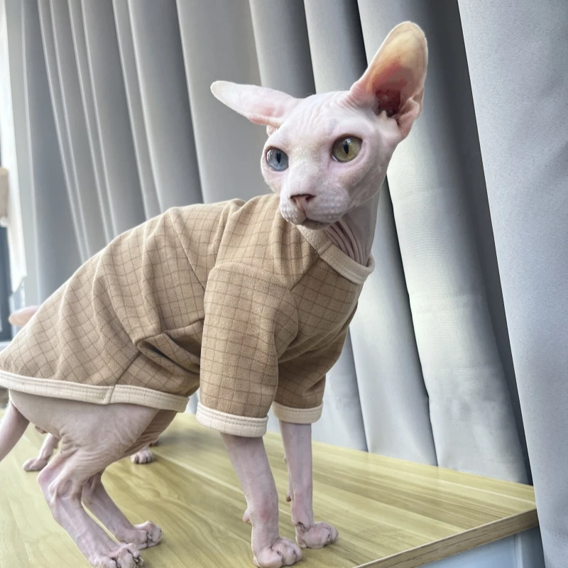 Khaki Plaid Cotton Coat for Sphynx Cat Soft Undershirt for Hairless Cat in Winter Long-sleeves Warm Coat for Kittens Devon Rex