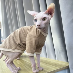 Khaki Plaid Cotton Coat for Sphynx Cat Soft Undershirt for Hairless Cat in Winter Long-sleeves Warm Coat for Kittens Devon Rex