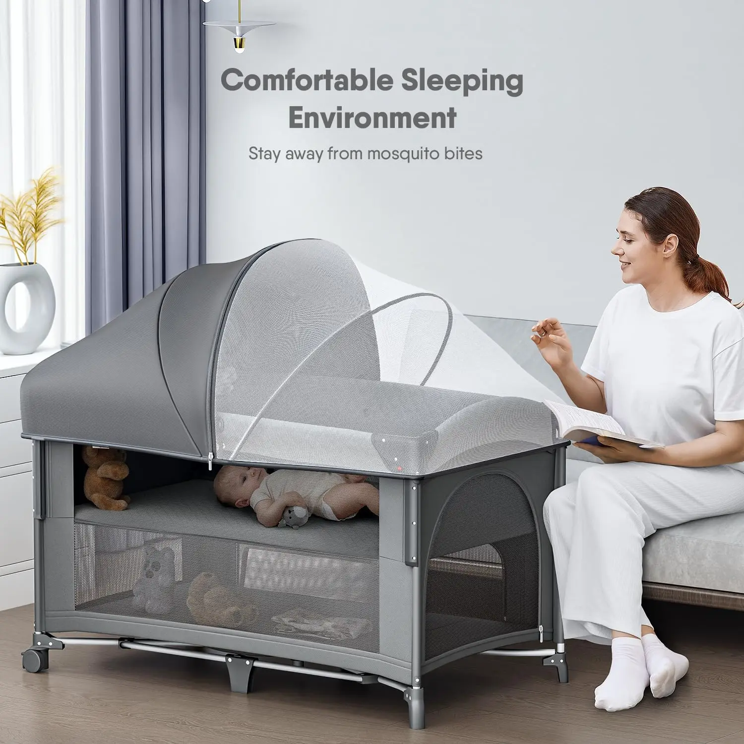 

4 in 1 Baby Bassinet, Pack and Play, Bedside Crib Sleeper, Diaper Changer - Comes with Mattress, Mosquito Net,New Popularity