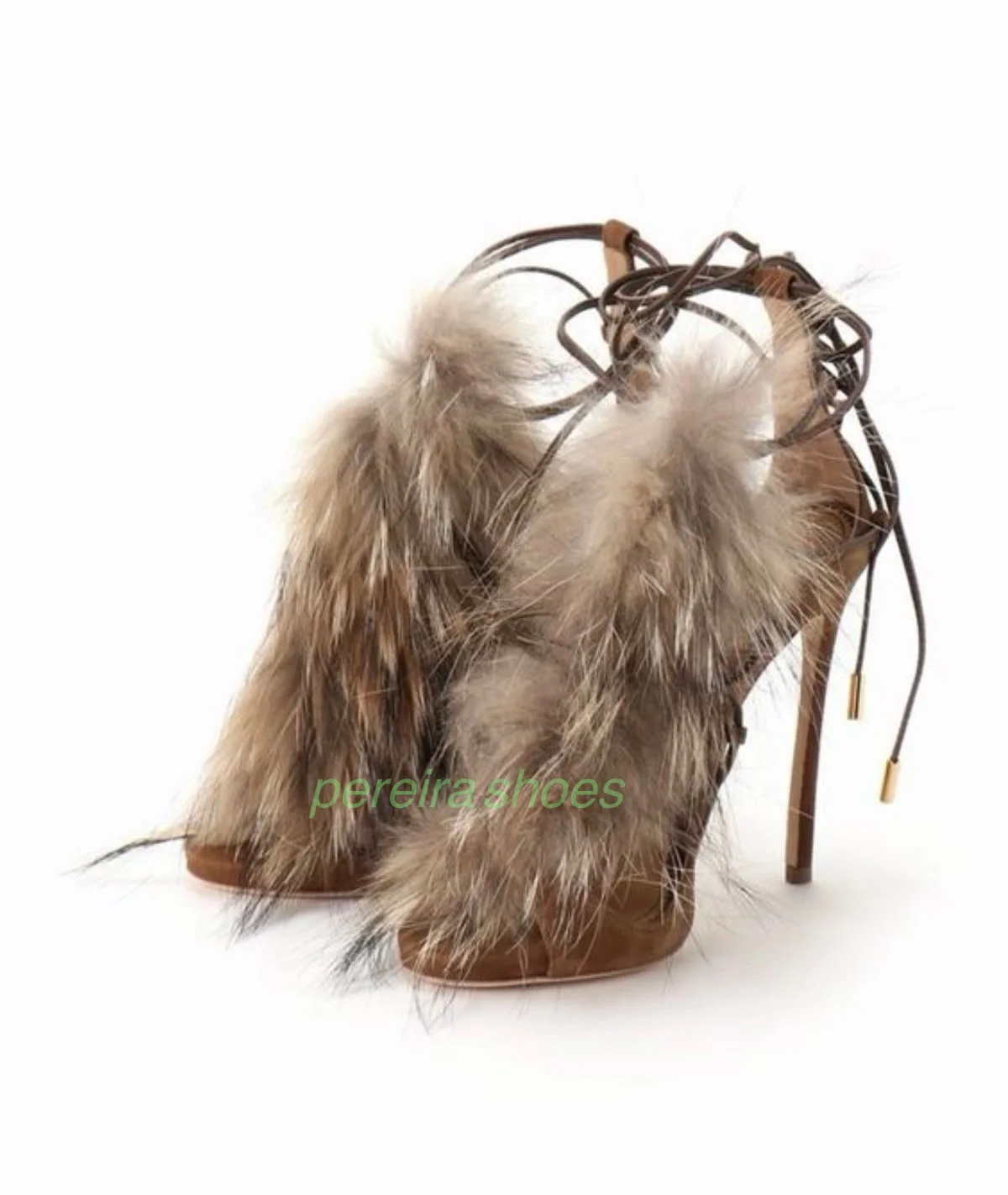 

Lady Fur Gladiator Retro Style Ankle Sandals Lace-Up Cover Heel Footwear Stiletto Heel Fur Open Toe Fall Runway Pumps Size 34-46