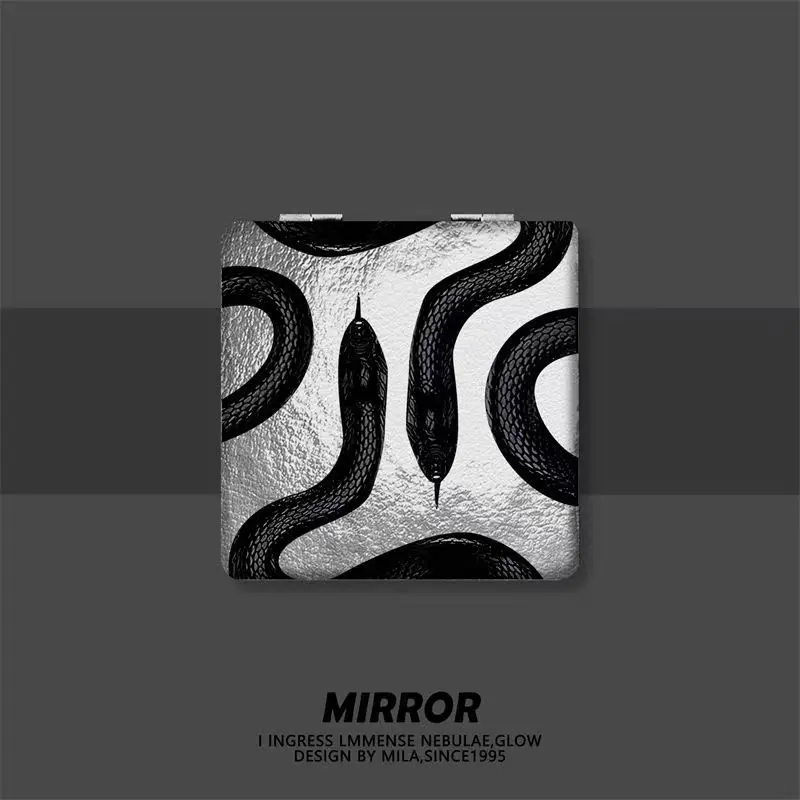 

Black Snake Mini Foldable Portable Double-sided Flip-up PU Makeup Mirror Normal Magnifying Mirror Comb With Magnetic Suction