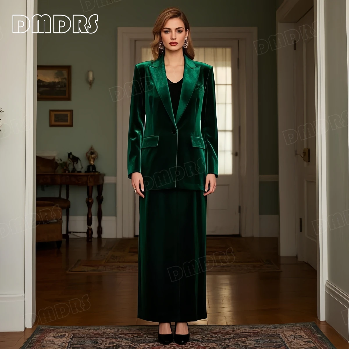 Two-Piece Velvet Suit Skirt Set, Elegant Women's Suit Dress, Formal Party Prom Wear, One Button Soft Flannel Blazer Long Skirt