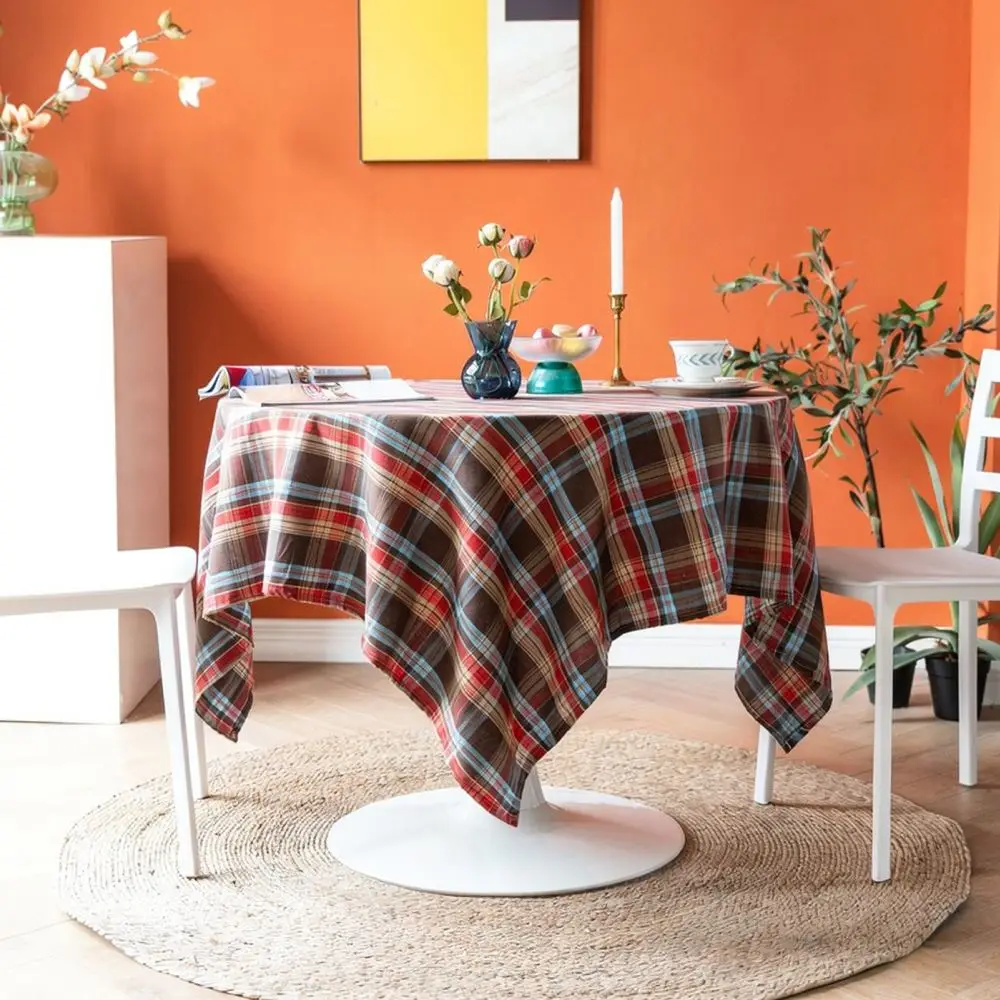 Pastoral Plaid Tablecloth Cotton Linen Textile Aesthetic Home Decor Dining Table Cover Washable Dustproof Desk Mat