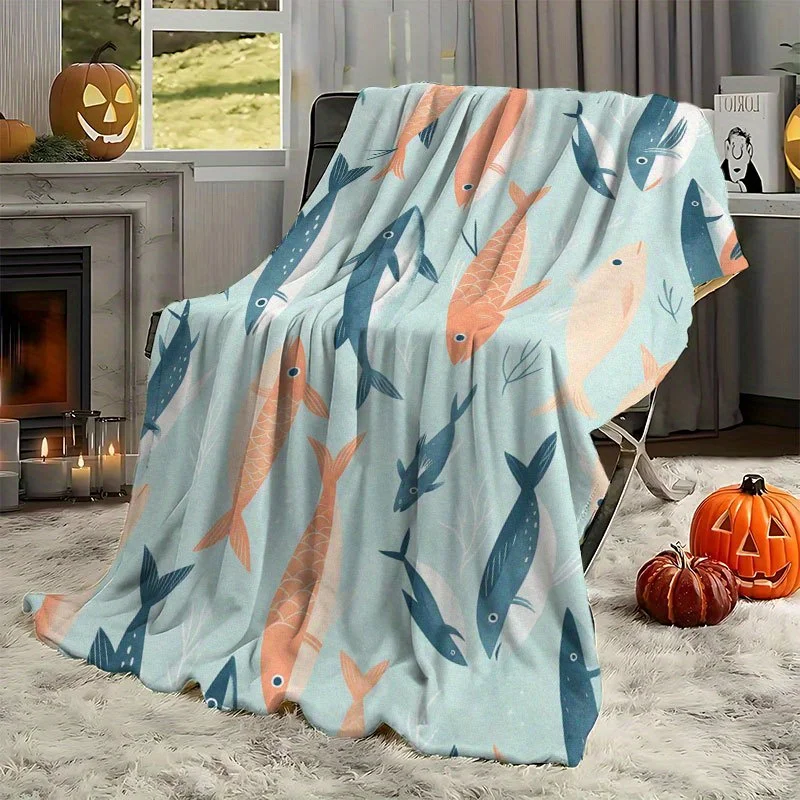 Pastel Blue Ocean Fish Seaweed Flannel Blanket, Simple Nordic Colorful Fish Repeat Print Soft Throw for Sofa Bedroom Travel