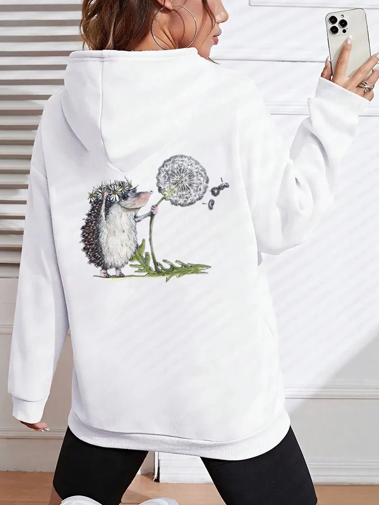 

Loose Maycaur Cute Hoodies Female Hedgehog Dandelion Graphic Sweatshirts Casual Long Sleeves Kawaii Graphic Hoodies Women