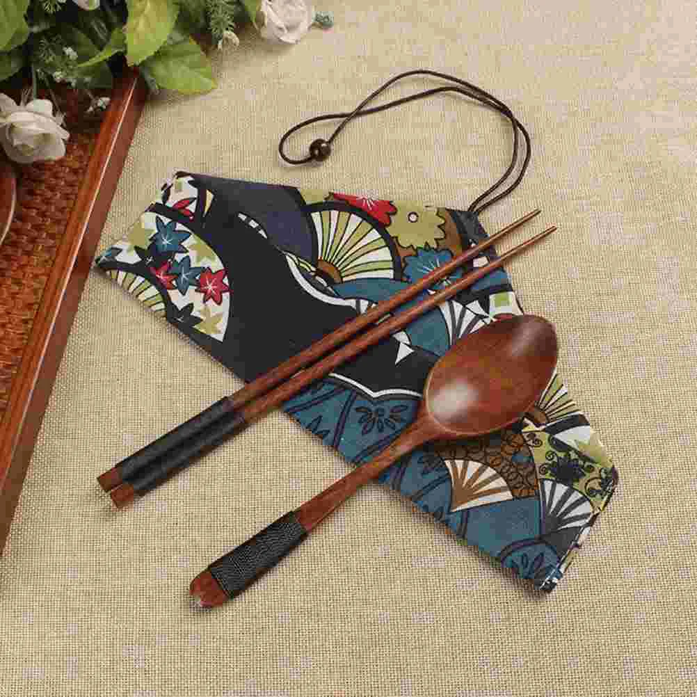 Travel Portable Wooden Spoon Chopsticks Set Japanese Style Food Serving Spoon Smooth Handle Tableware Set with Wrapping Cutlery