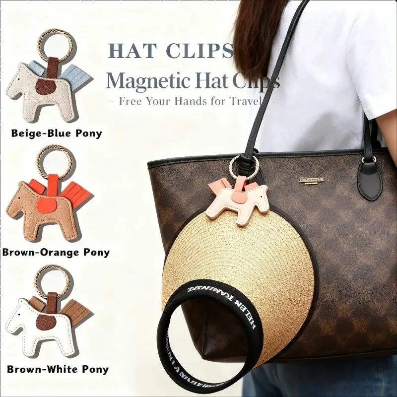 Pony Magnetic Hat Clip Portable Leather Holder for Travel Outdoor Hands-Free Bag Clip Multi-purpose Sun Hat Storage Accessory