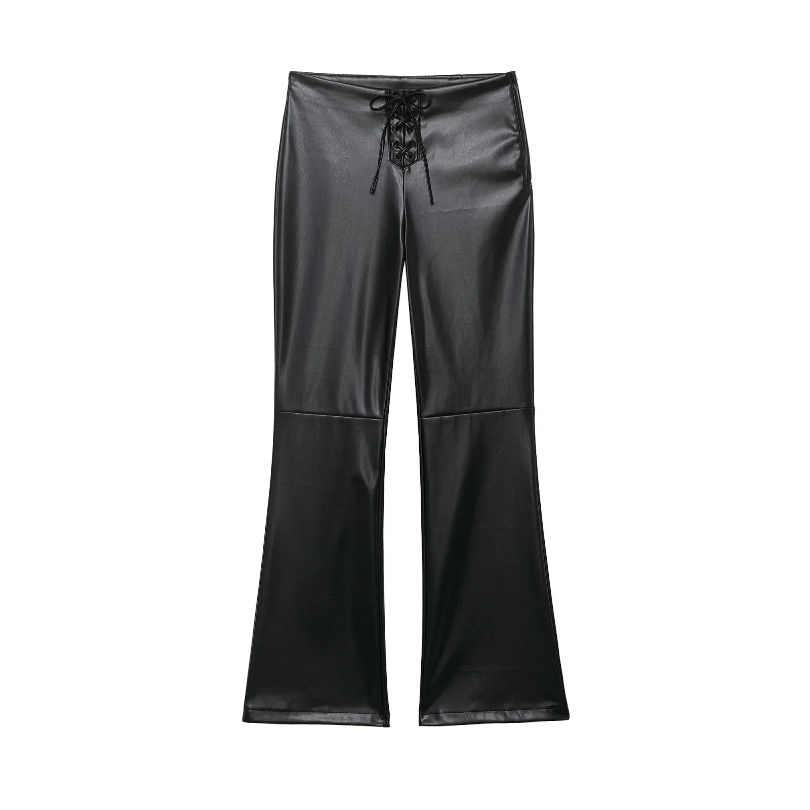 2025 Winter New Women's Casual Fashion Simple Low-Waisted Sexy Slim Fit Faux Leather Bow Flared Pants