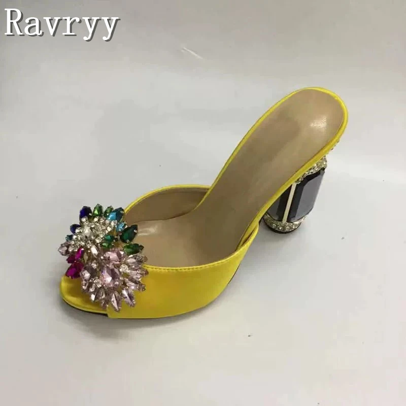 Women Yellow Satin Rhinestone Crystal Flower Heeled Mules Luxury Colorful Gem Chunky Heel Party Wedding Evening Dress Sandals