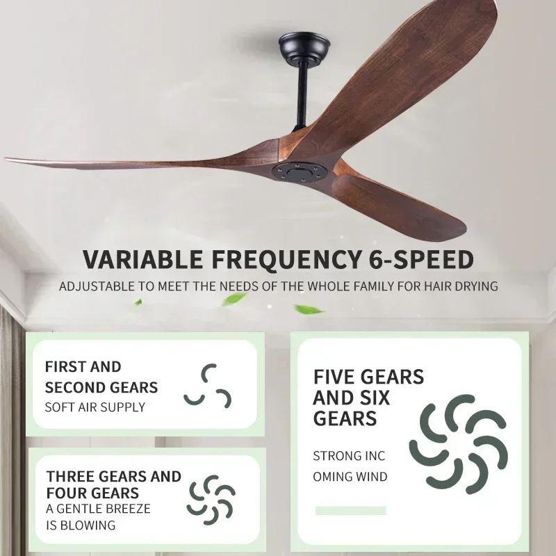 American Style Solid Wood Retro Ceiling Fan, Nordic Living Room, Dining Room, Industrial Variable Frequency 110V Electric Fan