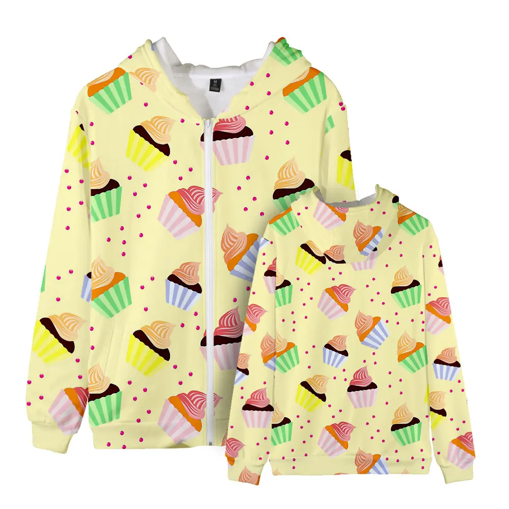 The Cute Cake Patterned Zippered Hooded Sweater with A Zipper Design Allows You To Quickly Solve Your Dressing Problems