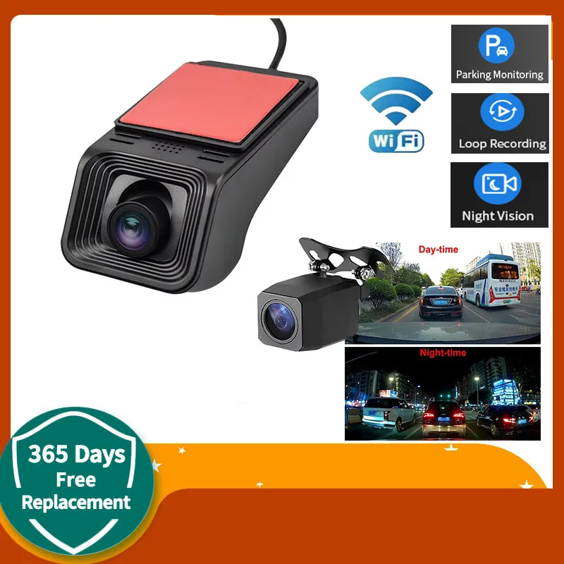 

Передняя и задняя двойная камераУсовершенствованная беспроводная видеорегистратор с режимом ACC — записью в контуру 24/7, ночным видением и оповещения о приложении для безопасности автомобиля