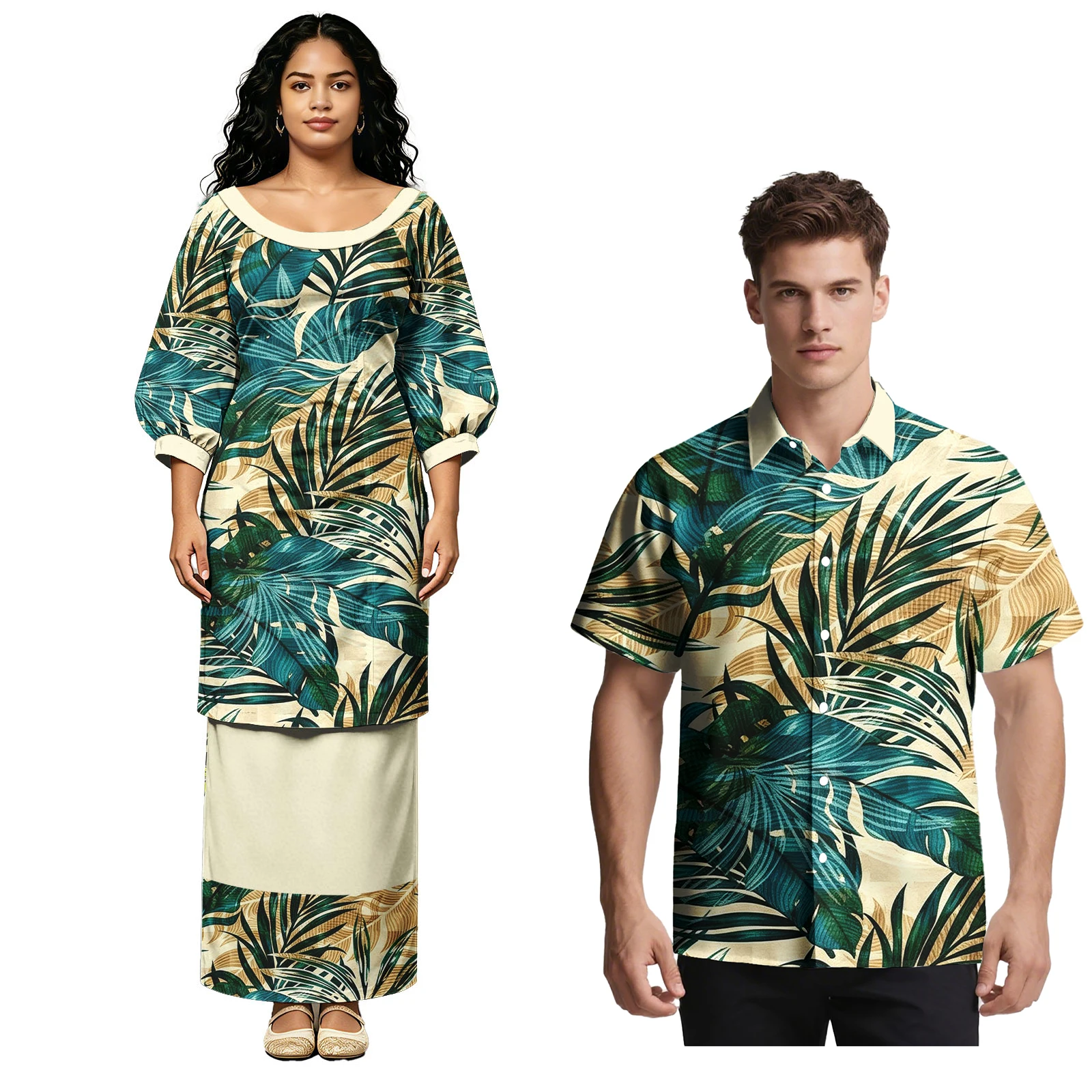 Conjunto de 2 piezas de moda 2026: Camisas de diseño polinesio para fiesta/baile de graduación para hombre y Puletasi tribal samoano para mujer, atuendos a juego para parejas hawaianos.