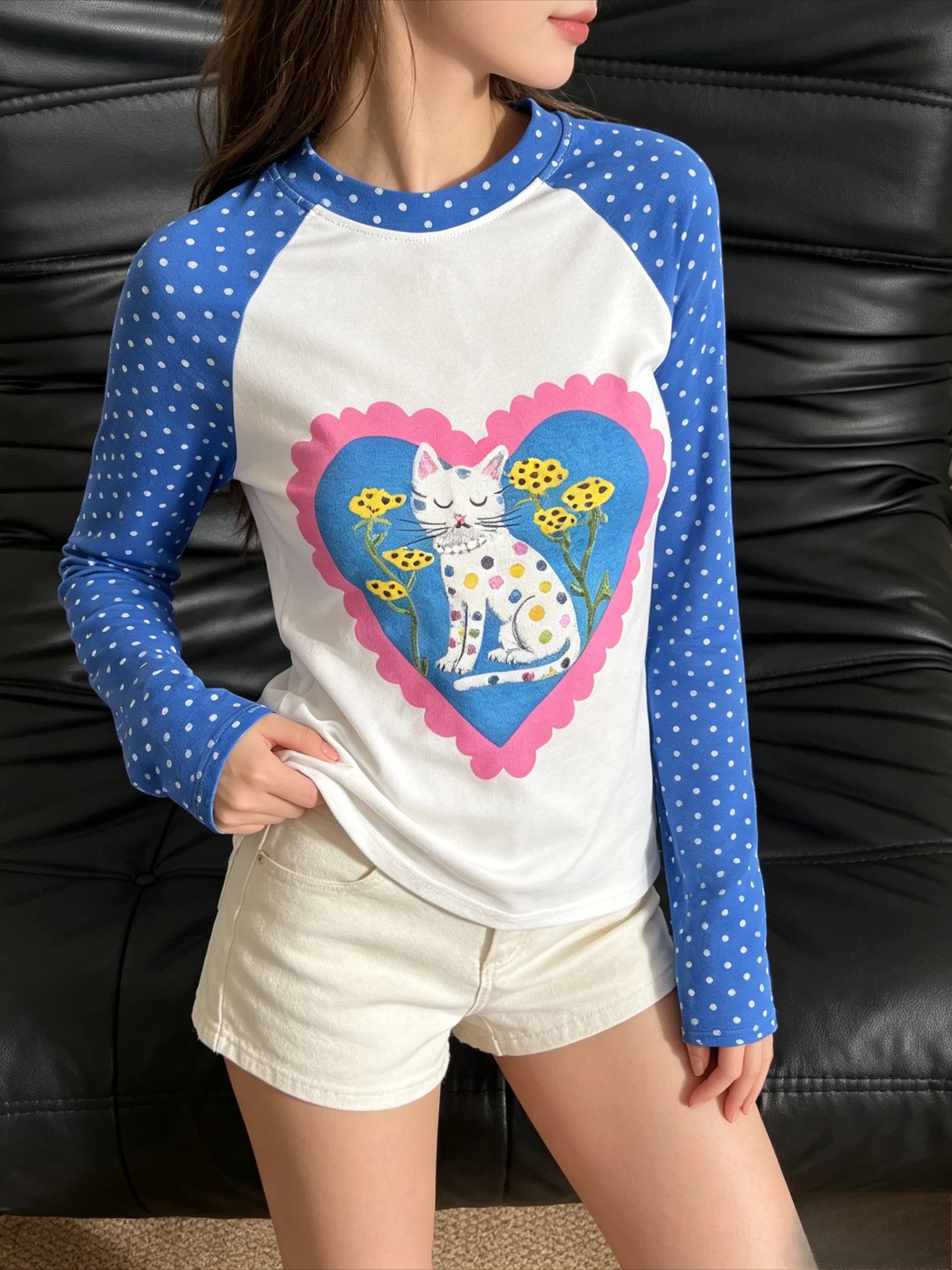 Color Block Raglan Long Sleeve Tee Polka Dot Sleeve Cute Cat Flower Graphic Print Heart Border Casual Basic Top